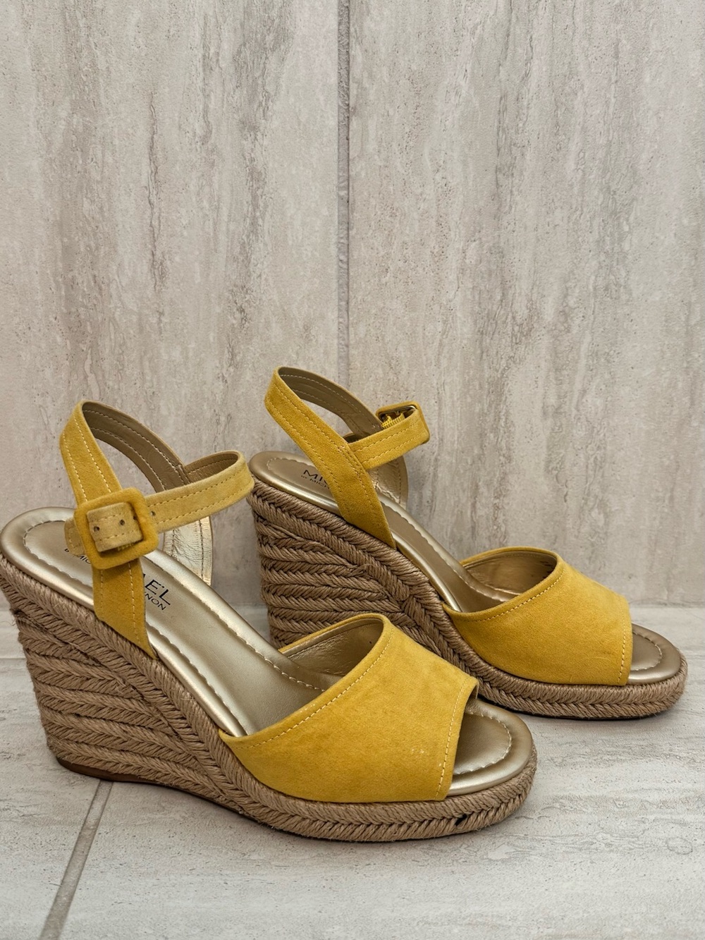 Michael Shannon Mustard Yellow Espadrille Wedge Sandals